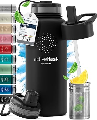 Drinkfles RVS Thermosfles ACTIVE FLASK + Strohalm (3 Drinkdoppen) - outlet/retourdeal