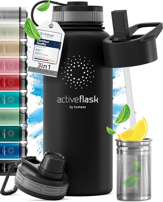 Drinkfles RVS Thermosfles ACTIVE FLASK + Strohalm (3 Drinkdoppen) - outlet/retourdeal